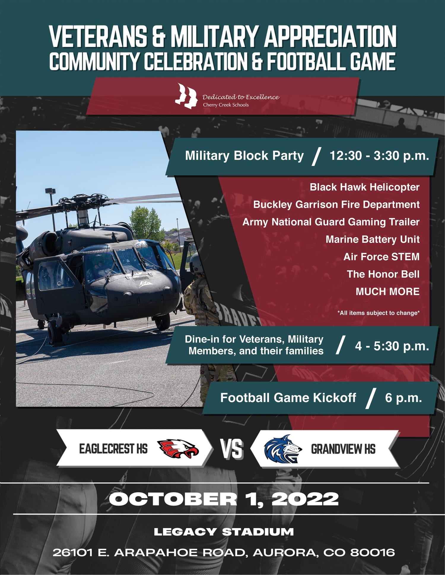 Veterans and Military Appreciation flyer with photo of Blackhawk helicopter